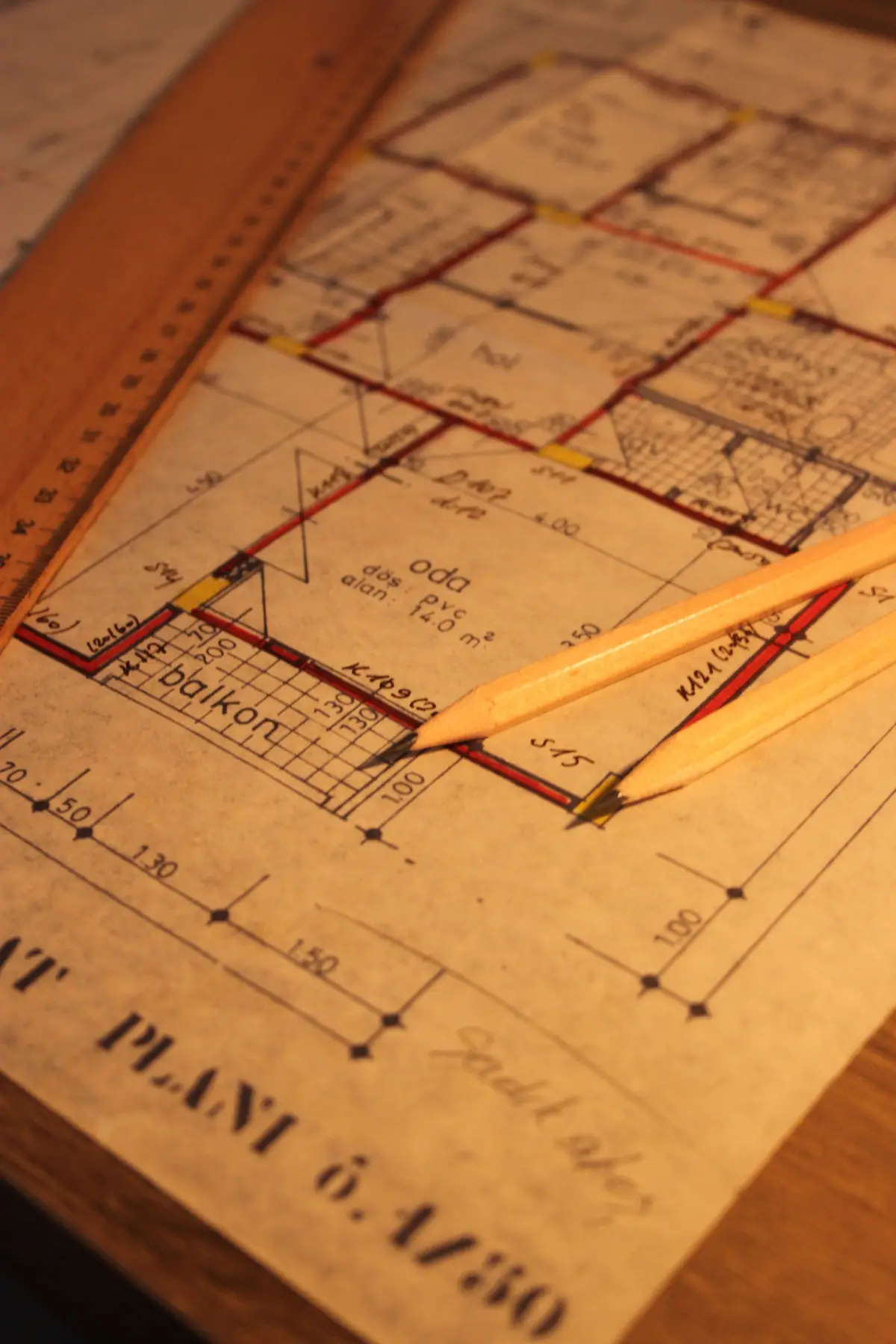 Bauplan mit Zollstock und Bleistift